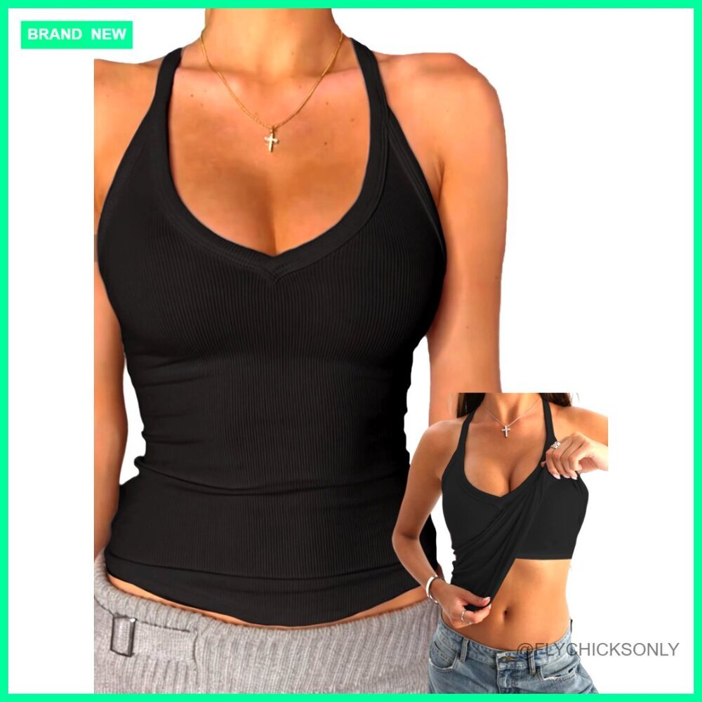Fitted Cotton Tank Top with Built-in Shelf Bra, V-Neck Racerback Cami